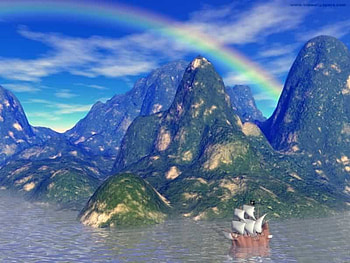 Over The Rainbow, sailing ship, sea, mountains, rainbow HD wallpaper