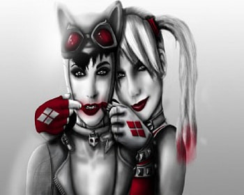 Smile Girlfriend, Harley Quinn, Lipstick, Red, Black, Grey, Catwoman HD wallpaper