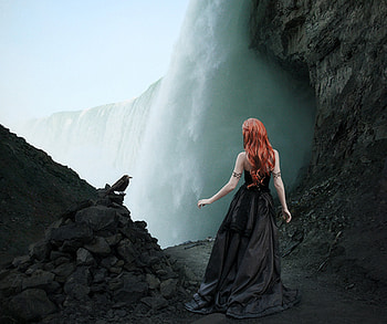Lady of the Falls, raven, lady, black, fall, red, dress, hair, woman HD wallpaper