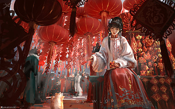 Lunar New Year, frumusete, kimono, art, gorgeous, chinese, girl, superb, fantasy, wlop, red, luminos, lantern HD wallpaper