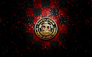 Hapoel Ramat Gan FC, glitter logo, Leumit League, red black checkered background, soccer, Israeli football club, Hapoel Ramat Gan logo, mosaic art, football, Hapoel Ramat Gan HD wallpaper