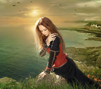 Beautiful Dawn, sea, birds, grassland, beautiful, sunlightdawn, dress, beauty, sitting, hair HD wallpaper