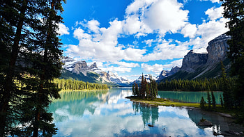 Majestic Spirit Island, Alberta, water, reflections, landscape, clouds, trees, sky, canada HD wallpaper