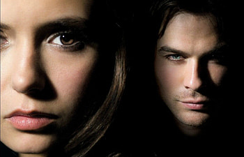 Vampire Diaries (2009-), black, ian somerhalder, man, nina dobrev, actress, woman, tv series, damon, elena, actor, vampire diaries HD wallpaper