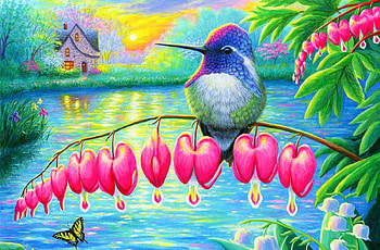 Morning Glory, artwork, colors, hummingbird, flower, painting HD wallpaper