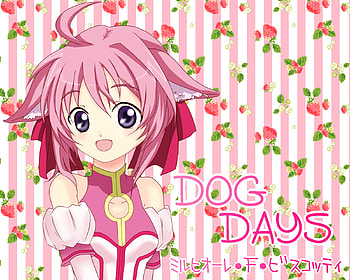 Millhiore F. Biscotti, dog, awesome, cute, inu, millhiore f biscotti, purple eyes, beauty, nice, biscotti, flower, dog ears, millhiore, bow, outfit, dog days, girl, beautiful, pink hair, anime girl, pink, anime, pretty, cherry, green, red, cool, ears, princess HD wallpaper