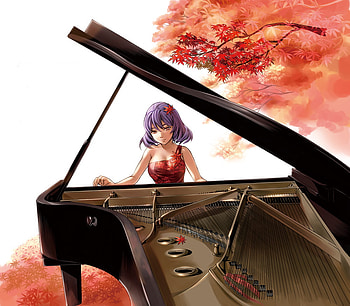 The Piano, cute, music instrument, dress, music, piano, short hair, female, sexy, white, maple leaf, hot, girl, tree, anime girl, plant, maple, anime, red, leaf HD wallpaper