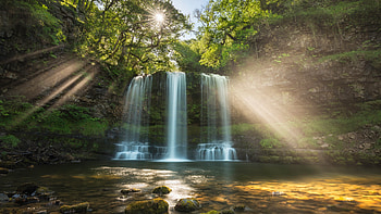 Sunrays Over Welsh Waterfall — Nature, Sunlight Rays, Wales, graphy HD wallpaper