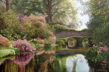 The bridge, summer, flower, bridge, water, vara, zbigniew kopania, park, lake, pink HD wallpaper
