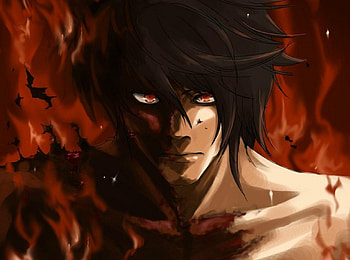 Rue Ryuzaki, ryuzaki, flames, red eyes, death note, anime, dark hair, ryuzaki rue, fire, male HD wallpaper