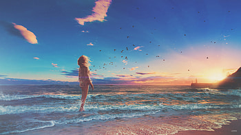 Girl Beach Sunrise Manipulation, girl, beach, artist, artwork, digital-art, deviantart HD wallpaper