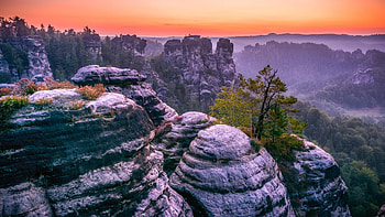 Bastei Mountains, Saxon Switzerland, Germany, sky, sunset, landscape, colors, trees, rocks HD wallpaper