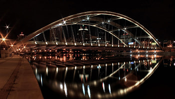 beautiful late night bridge, river, lights, arch, bridge, reflections HD wallpaper