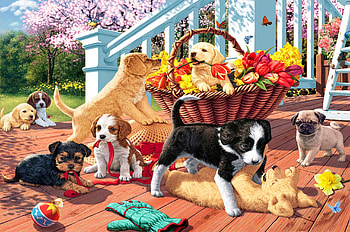 Puppy Mischief, art, pups, dogs, garden, butterflies, basket, digital, trees, flowers HD wallpaper