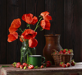 Still life, Mug, Strawberries, Pot, Basket HD wallpaper