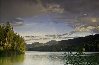 Rainbow at lake, nature, rainbows HD wallpaper