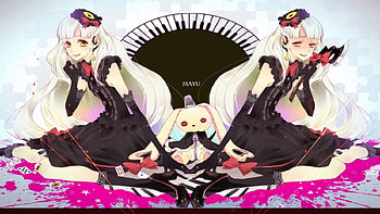 Mayu, yellow eyes, dresses, gloves, bows, vocaloid, long hair, anime, white hair, weapon, headdress, boots HD wallpaper