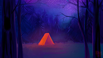 Starry Blue Night And Orange Tent, artist, artwork, digital-art, deviantart HD wallpaper