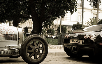 Old and new, street, retro, oldcar, tree HD wallpaper