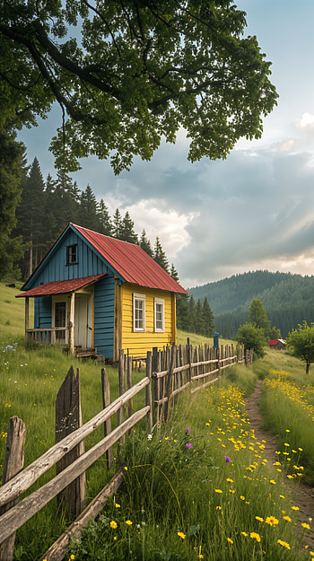 Rustic Serenity: A Charming , cottage, fence, meadow HD phone wallpaper
