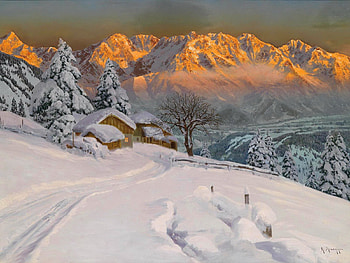 Alps at sunrise, winter, peaks, sunrise, painting, snow, trees, sunset, slopes, path, house, cold, mountain, valley, nature, sky, cottage, alps, village HD wallpaper