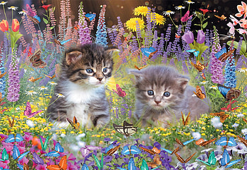 Kittens and Butterflies, garden, cats, flowers, painting HD wallpaper