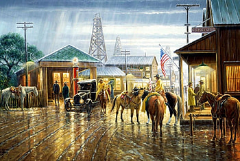 Dodge City, artwork, horses, painting, car, street, houses, people HD wallpaper