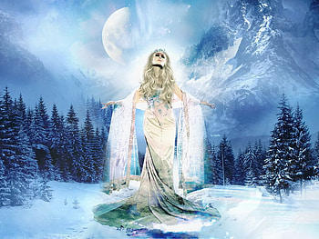 Ice queen, abstract, fantasy, clouds, trees, pretty snow, sky, girl HD wallpaper