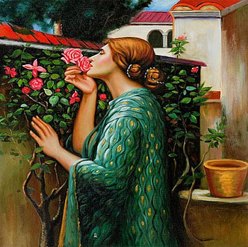 HER GARDEN, garden, oil paint, roses, woman HD wallpaper