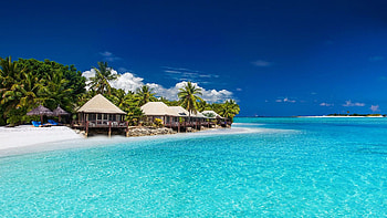 Tokoriki Island, Fidschi, blue, sea, tropical, sky, bungalows, resort, palm trees HD wallpaper