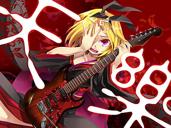 drak gumi, red eyesm yelow hair, kimono, guitar, short hair, rock, demon HD wallpaper