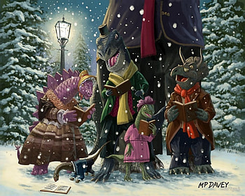 Victorian Dinosaur Carol Singer, artwork, painting, snow, trees, einter, funny HD wallpaper
