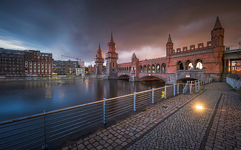 Berlin, Oberbaumbrucke, River Spree, evening, sunset, Berlin cityscape, Berlin bridges, Germany HD wallpaper