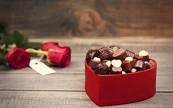 With Love, rose, roses, chocolate, flowers, valentines day HD wallpaper