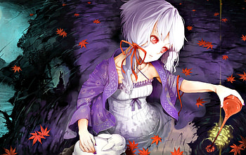 Autumn night, night, white, black, girl, orange, dark, purple, leaves, anime, autumn, water, manga, rabbit HD wallpaper