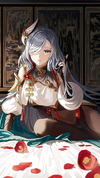 Shenhe, Genshin Impact, black hair, facial expression, girl HD phone wallpaper