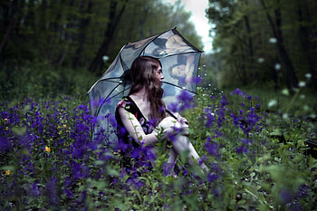 girl in flower mood, purple, umbrella, girl, field HD wallpaper