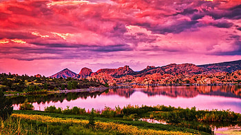 A beautful sunset adorns Watson Lake at Granite Dells near Prescott, Arizona, sunset, reflections, water, mountains, rocks, usa HD wallpaper