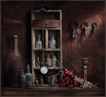 STILL LIFE, weights, stoneware bottles, candlestick, old keys, pocket watch, old small shelves, old glass bottles, candle, glass, red apples HD wallpaper