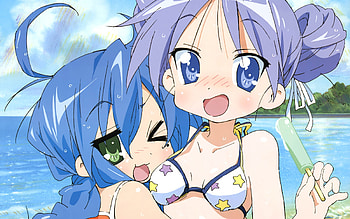 Lucky Star, bikini, long hair, swim suit, twin tails, izumi, kagami, konata, hiiragi, green eyes HD wallpaper