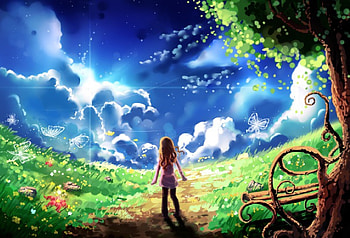 ✼.Horizon of Reality.✼, horizon, plants, colors, digital art, spring, butterflies, bright, butterfly designs, attractions in dreams, edge, flying, girl, paintings, beautiful, creative pre-made, love four seasons, fantasy, pretty, cool, clouds, sky, flowers, lovely, blooms HD wallpaper