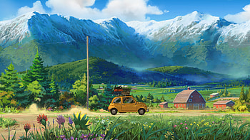 The Drive To Somewhere Peaceful Countryside Adventure, mountains, mountain, sky, clouds, cloud, van, adventure, artist, artwork, digital-art, artstation HD wallpaper