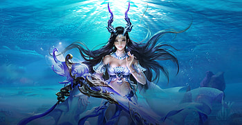 Mermaid, blue, sufu, su fu, girl, summer, instrument, luminos, water, vara, siren HD wallpaper