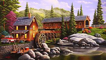 Saddle Up Ranch, artwork, covered, river, painting, trees, bridge, watermill, stones, car HD wallpaper