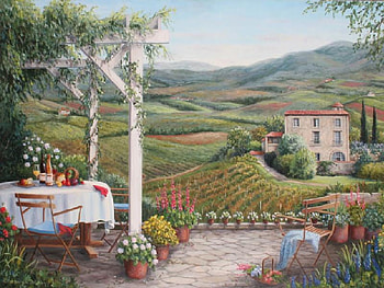 Terrace Overlooking the Vineyard, vineyard, table, house, table cloth, fruits, chairs, flower pots, glass, terrace, wine HD wallpaper