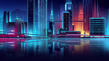 Neon Skyline, Reflective atmosphere, Nighttime beauty, Urban charm HD wallpaper