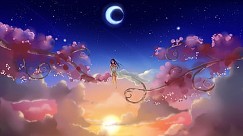 SKY HIGH FANTASY, beanstalk, plants, skies, sunsets, creepers, clouds, girls, heavens, moons HD wallpaper