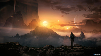 Sci Fi, landscape, mountain, sun, person HD wallpaper
