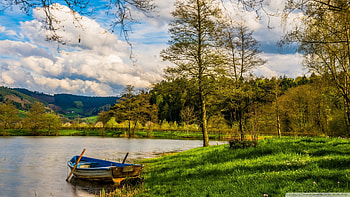 Boat, bench, landscapes, lakes, boats, nature HD wallpaper