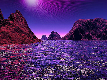 Purple light, blue, sea, rocks, ray, lake, summer, purple, light, nature, sky, water, sun HD wallpaper